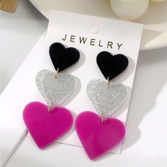 Jewelry - Black, Silver, and Pink Heart Drop Earrings